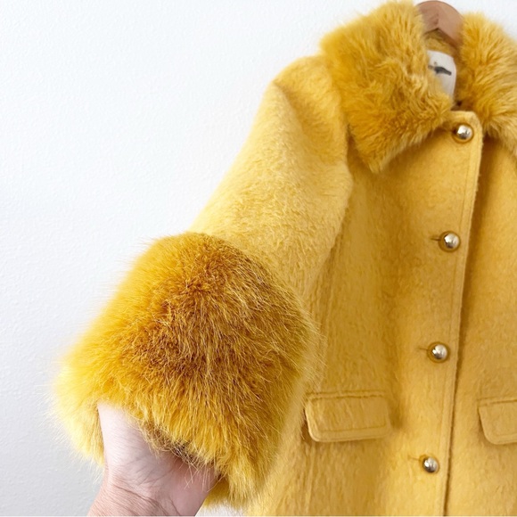Kate Spade Fluffy Wool Faux Fur Trim Yellow Coat - Picture 5 of 10